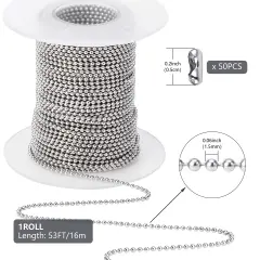 53 FT Ball Bead Chain, 1.5 mm Adjustable Pull Chain Beaded with 50 PCS Matching Connectors, Stainless Steel Bead Chain for Jewelry Making Necklace Keychain Dog Tag Chain