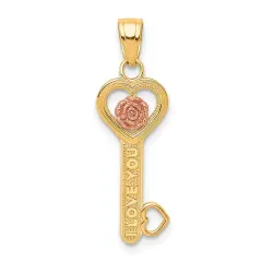 10K Gold Two Tone I Love You Key Charm Pendant Jewelry 15mm x 10mm