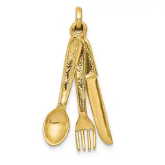 14K Yellow Gold 3D Knife Fork & Spoon Charm Silverware Jewerly 29mm x 15mm