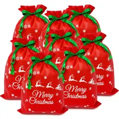 Wrapables Non-Woven Christmas Holiday Drawstring Gift Bags for Party Favors, Goodie Bag, Treats, Gift Wrap, Parties (Set of 8) Red