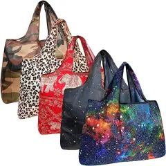 Wrapables Large Foldable Tote Nylon Reusable Grocery Bags, 5 Pack Exotic Space