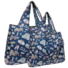 Wrapables Large & Small Foldable Tote Nylon Reusable Grocery Bags, Set of 2 Silly Dogs