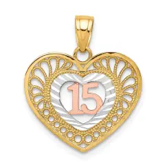 10K Gold Two Tone Sweet 15 Heart Pendant Charm Jewelry 20mm x 16mm