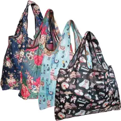 Wrapables Large Foldable Tote Nylon Reusable Grocery Bags, 4 Pack Floral, Llamas, Dogs
