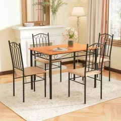 Costway 5 PC Dining Set Wood Metal 30" Table and 4 Chairs Black Kitchen Breakfast Furniture