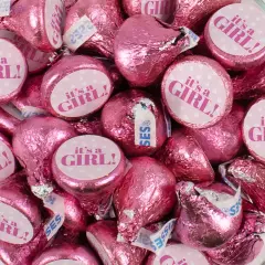 Pink It's a Girl Baby Shower Candy Party Favors (Choose 100 Pcs Milk Chocolate Hershey's Kisses, 40 Pcs Wrapped Miniatures or Both)