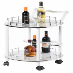 Round Wood Serving Bar Cart Tea Trolley with 2 Tier Shelves and Rolling Wheels Gray