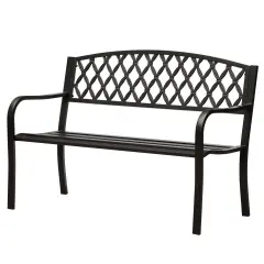 Gardenised Black Outdoor Garden Patio Steel Park Bench Lawn Decor with Cast Iron Back Seating bench, with Backrest and Armrest for Yard, Patio, Garden, Balcony, and Deck