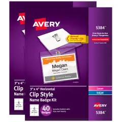 Avery Customizable Name Badge Clips, 3" x 4", White, 2 Packs, 80 Printable Inserts and Badge Holders with Clips Total (21879)