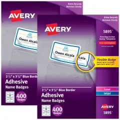 Avery Flexible Name Badges, 2-1/3" x 3-3/8", White with Blue Border, 400 per Pack, 2 Packs, 800 Removable Name Tag Stickers Total (01730)