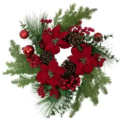 Northlight Berry and Poinsettia Artificial Christmas Wreath - 22" - Unlit Green