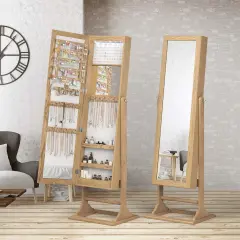 Costway Jewelry Cabinet Full-Length Mirror Lockable Jewelry Armoire with 6 Lights Beige/Natural