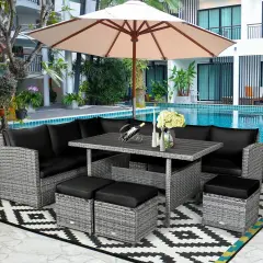 7 Pieces Patio Rattan Dining Furniture Sectional Sofa Set With Wicker Ottoman Black