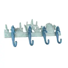 Cast Iron Coastal Blue and White Seahorse Sea Life Decorative Wall Hook Rack