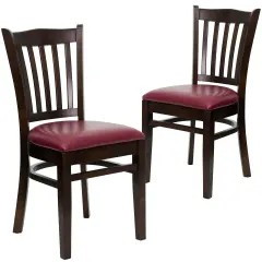 Emma and Oliver 2 Pack Vertical Slat Back Wooden Restaurant Chair BurgundyVinyl/Walnut