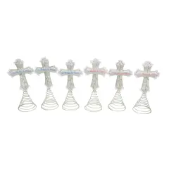 Roman Set of 6 Ivory and Green God Bless Baby's First Christmas Cross Tree Toppers 9"