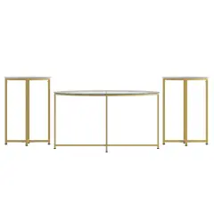 Merrick Lane Fairdale Round Coffee Table Set - 3 Piece Coffee Table Set with Crisscross Frame - Coffee Table & 2 End Tables Clear/Brushed Gold
