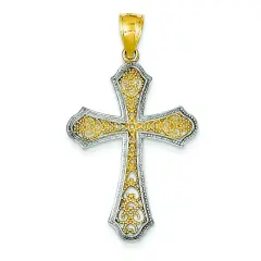 14K Two Tone Gold Filigree Cross Pendant Charm Jewelry 42mm x 23mm