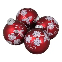 Northlight Flower Vines Christmas Glass Ball Ornaments - 3" (75mm) - Red and White - 4ct
