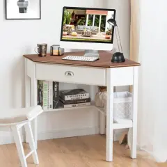 Wooden Corner Computer Desk with Big Storage Drawer and Two Open Shelves Natural