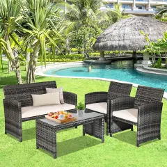 Costway 4PCS Patio Rattan Furniture Set Conversation Glass Table Top Cushioned Sofa, White