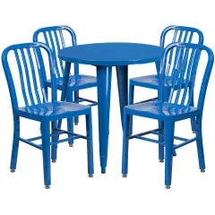 Emma and Oliver Commercial Grade 30" Round Metal Indoor-Outdoor Table Set & 4 Slat Back Chairs Blue