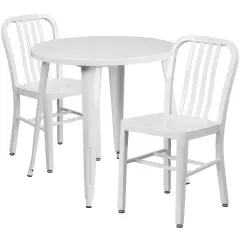 Emma and Oliver Commercial Grade 30" Round Metal Indoor-Outdoor Table Set & 2 Slat Back Chairs White
