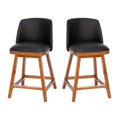 Emma and Oliver Jada Upholstered Mid-Back Stools with Nailhead Accent Trim & Wood Frames BlackLeaSoft/Walnut