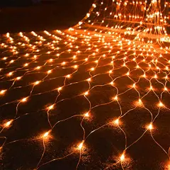 Outdoor Halloween Net Lights, 12FT x 5FT 360 LED Fairy String Light with 8 Lighting Modes, Connectable Light Safe Adaptor for Garden Tree, Bushes, Holiday Wedding Party Decorations, Orange