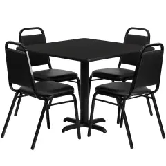Emma and Oliver 36" Square Laminate X-Base Table Set with 4 Banquet Chairs BlackTop/BlackVinyl