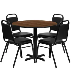 Emma and Oliver 36" Round Laminate X-Base Table Set with 4 Banquet Chairs WalnutTop/BlackVinyl