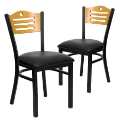 Emma and Oliver 2 Pack Slat Back Metal Restaurant Chair Nat/BlackVYL/Black