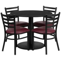 Emma and Oliver 36" Round Laminate Table Set with 4 Ladder Back Metal Chairs BlackTop/BurgundyVYL