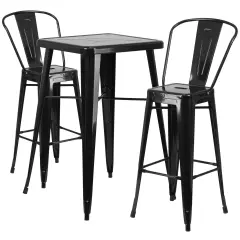 Emma and Oliver Commercial Grade 23.75" Square Metal Indoor-Outdoor Bar Table Set, 2 Back Stools Black