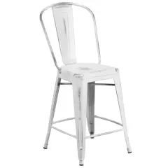 Merrick Lane Sabine Metal Indoor-Outdoor Counter Stool with Vertical Slat Back and Integrated Footrest White