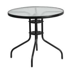 Emma and Oliver 31.5" Round Tempered Glass Metal Table with Smooth Ripple Design Top Clear/Black