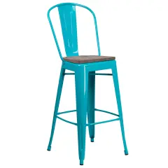 Merrick Lane Sarah 30" Metal Indoor-Outdoor Counter Stool with Vertical Slat Back, Integrated Footrest and Wood Seat Crystal Teal-Blue