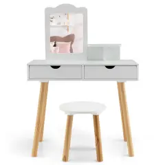 Kid Vanity Table Chair Set with Mirror and 2 Large Storage Drawers
