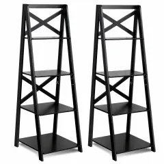 2 Piece MDF 4-Tier Ladder Shelf Bookshelf Rack for Home and Office Black