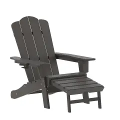 Merrick Lane Nassau Adirondack Chair with Cup Holder and Pull Out Ottoman, All-Weather HDPE Indoor/Outdoor Lounge Chair Gray