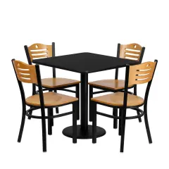 Emma and Oliver 30'' Square Laminate Table Set with 4 Wood Slat Back Metal Chairs Black