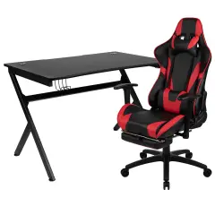 Emma and Oliver Gaming Desk Set - Cup/Headset Holder/Reclining & Footrest Red