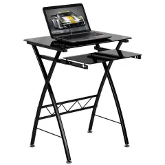 Emma and Oliver Tempered Glass Computer Desk with Pull-Out Keyboard Tray Black