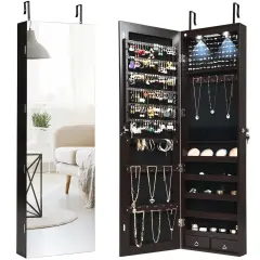 Wall and Door Mounted Mirrored Jewelry Cabinet with Lights Brown