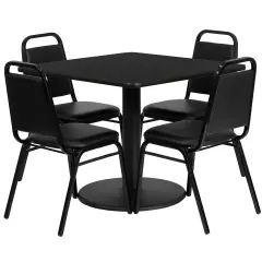 Emma and Oliver 36" Square Laminate Table Set with 4 Trapezoidal Banquet Chairs BlackTop/BlackVinyl