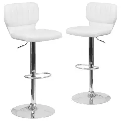 Merrick Lane Set of Two Swivel Bar Stools with Vertical Stitched Back and Adjustable Chrome Base with Footrest White Vinyl