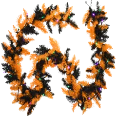 Tree Buddees Halloween Garland with Lights 9 Foot Long Black and Orange Pre-lit LED Mantle Decoration