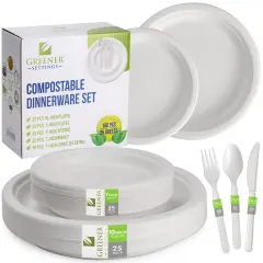 White Compostable Disposable Paper Plates Cutlery Set (25 Sets)