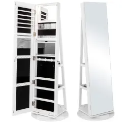 360 Degree Full Length Mirror Jewelry Armoire Cabinet with 3-Color LED Lights and Lockable Door White