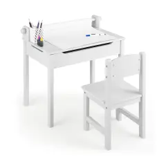 Wooden Kids Table and Chair Set with Storage and Paper Roll Holder White
